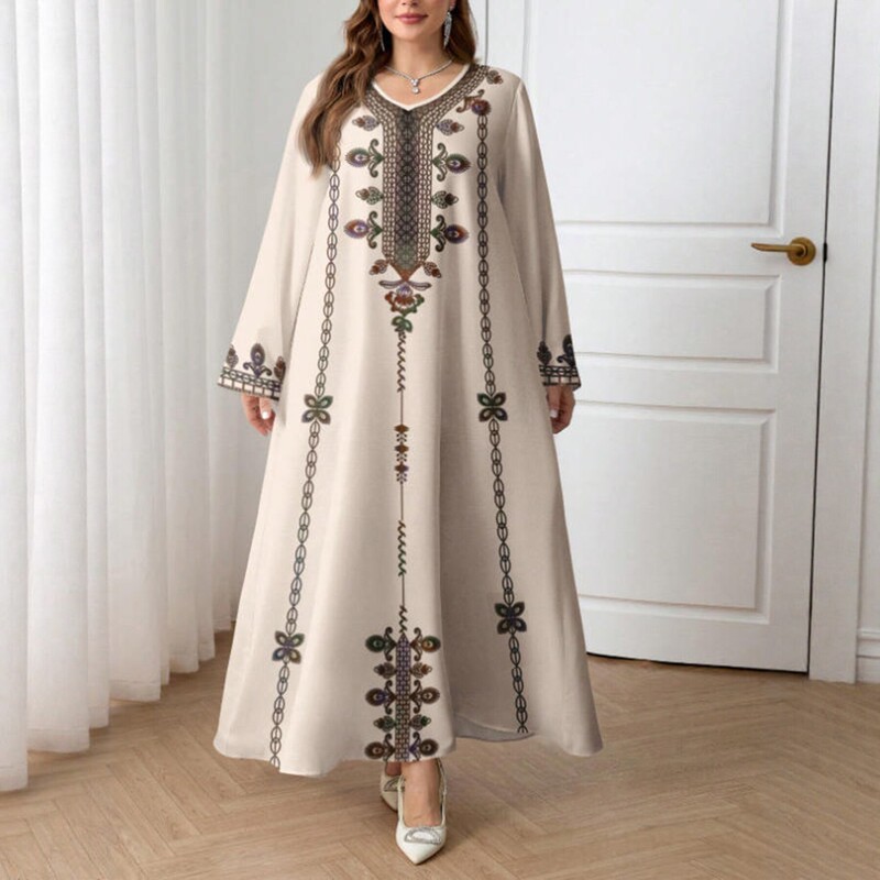 Women's Plus-Size Robe Dress with V-Neck and Long Sleeves, Cross-Border Style, European and American Ethnic Print, Vacation Style Dress Women's Plus-Size Robe Dress with V-Neck and Long Sleeves, Cross-Border Style, European and American Ethnic Print, Vacation Style Dress