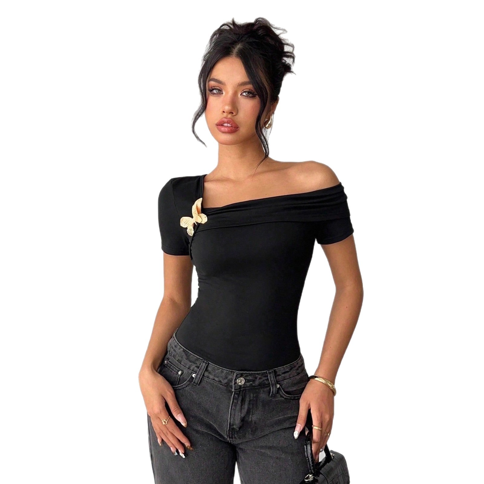Women's Asymmetrical Off Shoulder Top, Short Sleeve Slim Fit Basic T-Shirt, Casual Going Out Party Blouse With Butterfly Decor, Black_ecoleips.com