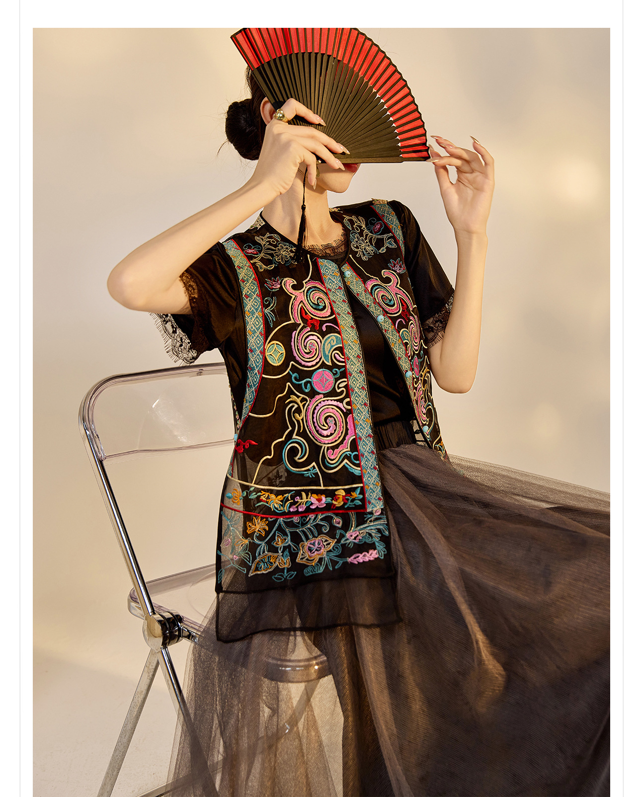 Áo vest cổ đứng phong cách retro Trung Hoa, thiết kế thêu, chất liệu tơ dâu tằm, mẫu ZX N4045 — Màu đen, Hồng mơ chi tiết 21