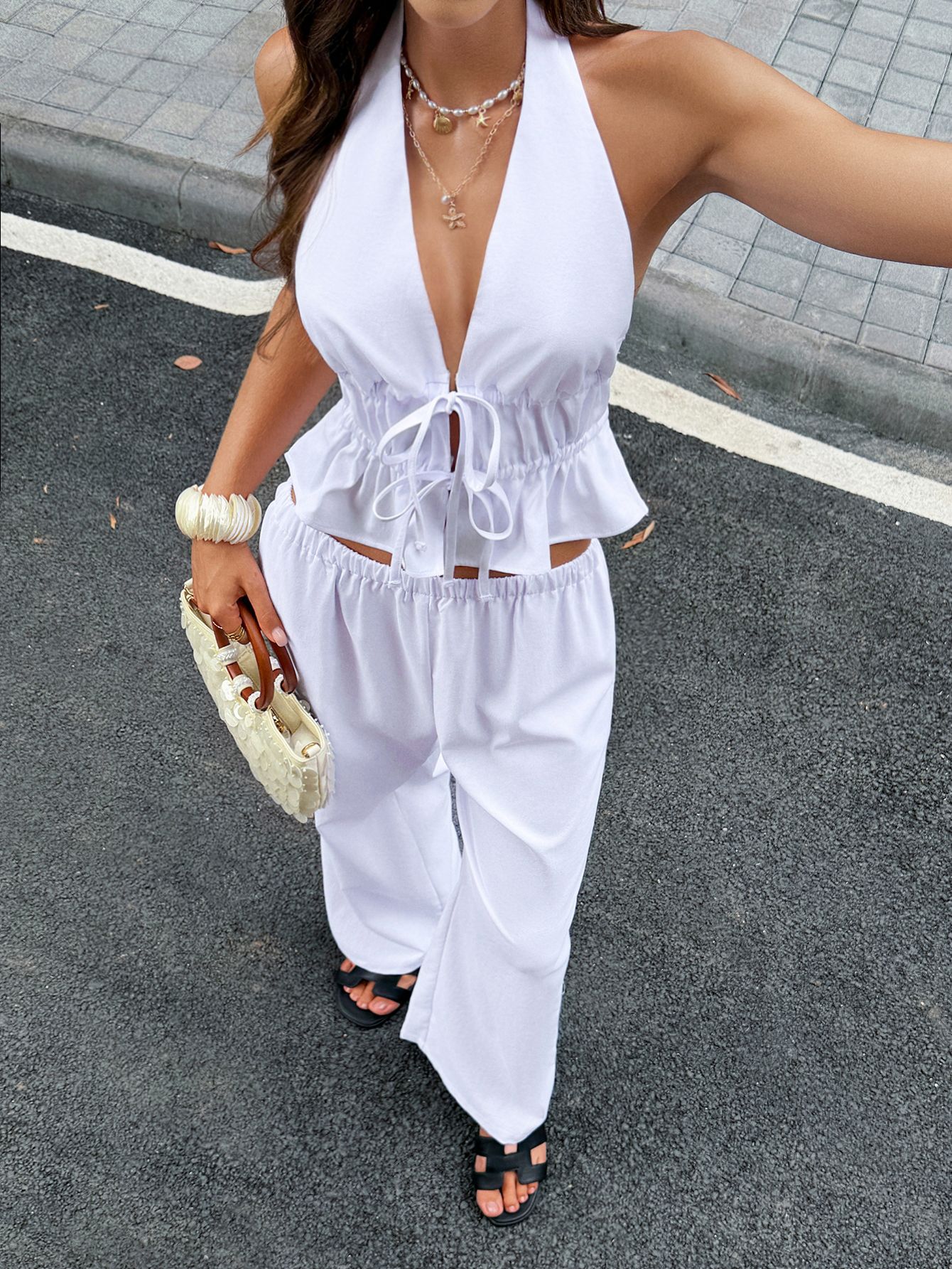 Women's Casual Sexy Halter Neck Backless Wide Leg Lace Up Clothing Spring/Summer_ecoleips.com