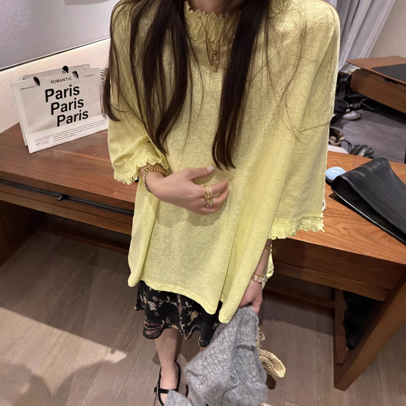 Lace Sleeve Loose T-Shirt for Women, Summer Creamy Yellow Ruffled Short-Sleeve Slim-Fit Versatile Casual Top, Lazy Style Lace Sleeve Loose T-Shirt for Women, Summer Creamy Yellow Ruffled Short-Sleeve Slim-Fit Versatile Casual Top, Lazy Style