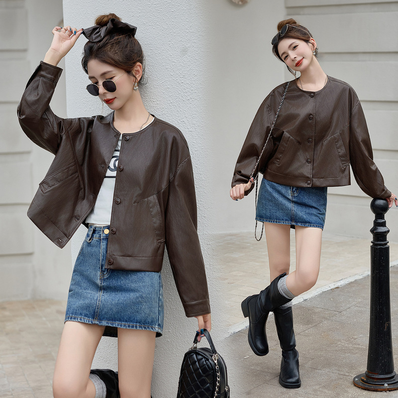 Haining High-End Genuine Leather Jacket for Women, Korean Style Casual Oil Wax First Layer Sheepskin Korean Style Round Neck Slimming Look Full Leather Jacket Trendy
