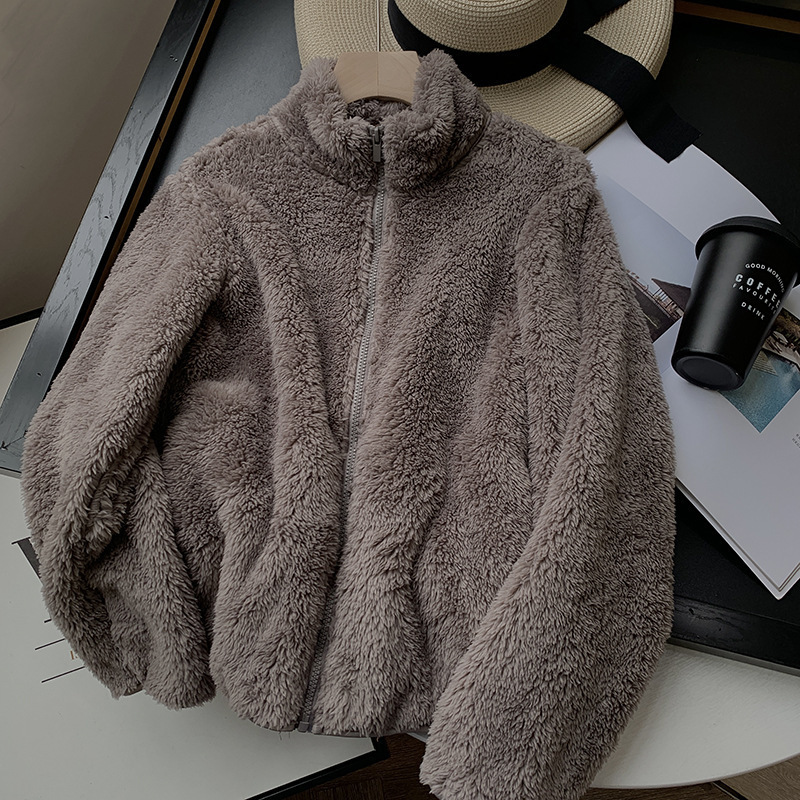 24秋冬新作ベーシック厚手スタンドカラーぬいぐるみ風ルーズショートコート女性用449753|undefined