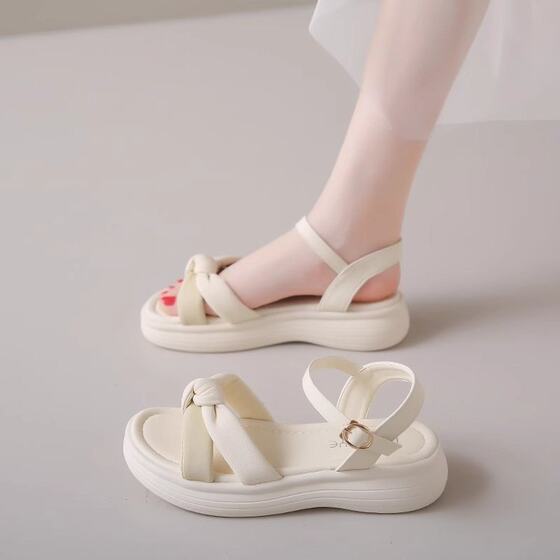 Fairy Style Bow Sandals Slippers Thick Sole Height Increased All-Match Comfortable Beach Shoes Commuter Vocational Student Sandals