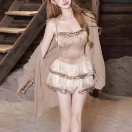 法式碎钻银河性感吊带背心女2025夏季亮片纯欲上衣甜辣半裙两件套