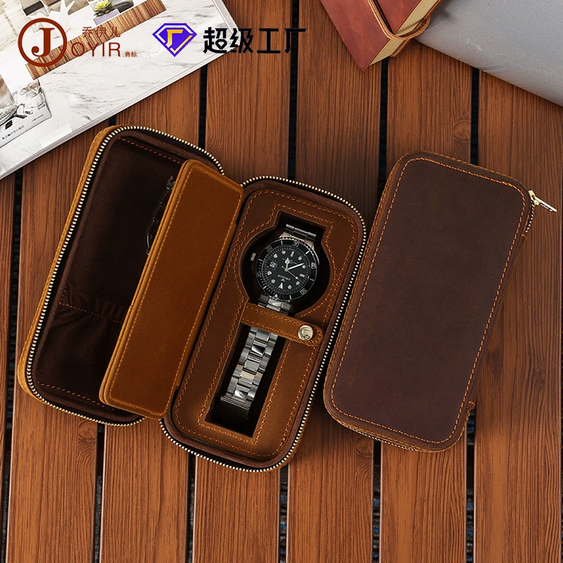 Retro rectangular watch box for traveling, storage box with zipper, genuine leather