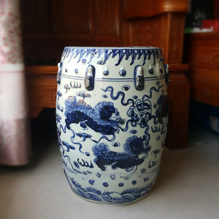Chinese Antique Ceramic Drum Stool Cool Dun Kirin Figure Dressing Shoe Changing Stool Villa Living Room Study Model Room Ornaments