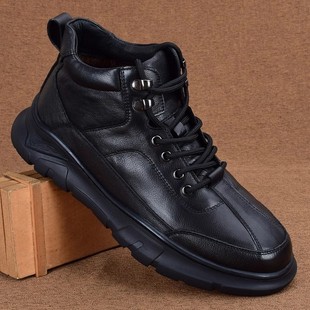 Men's Genuine Leather High-Top Casual Shoes for Autumn, Full Cowhide Thick-Soled Non-Slip Winter Fleece-Lined Warm Outdoor Shoes