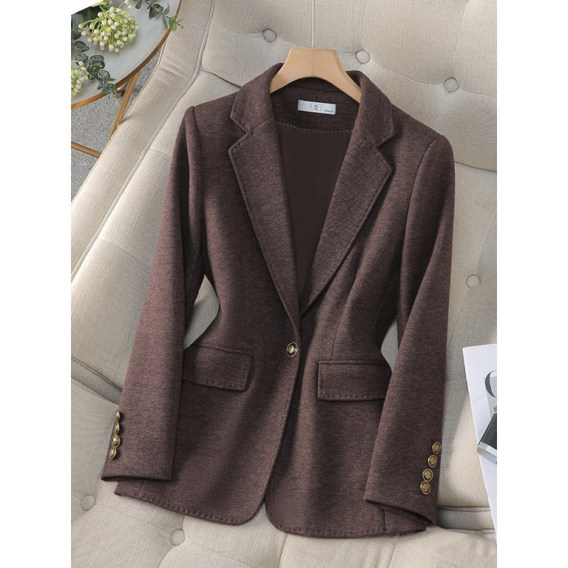 High-End Coffee-Colored Acetate Wool Blazer for Women, 2025 Autumn and Winter, Elegant Slim Fit, Petite Size, Single-Button Women's Suit