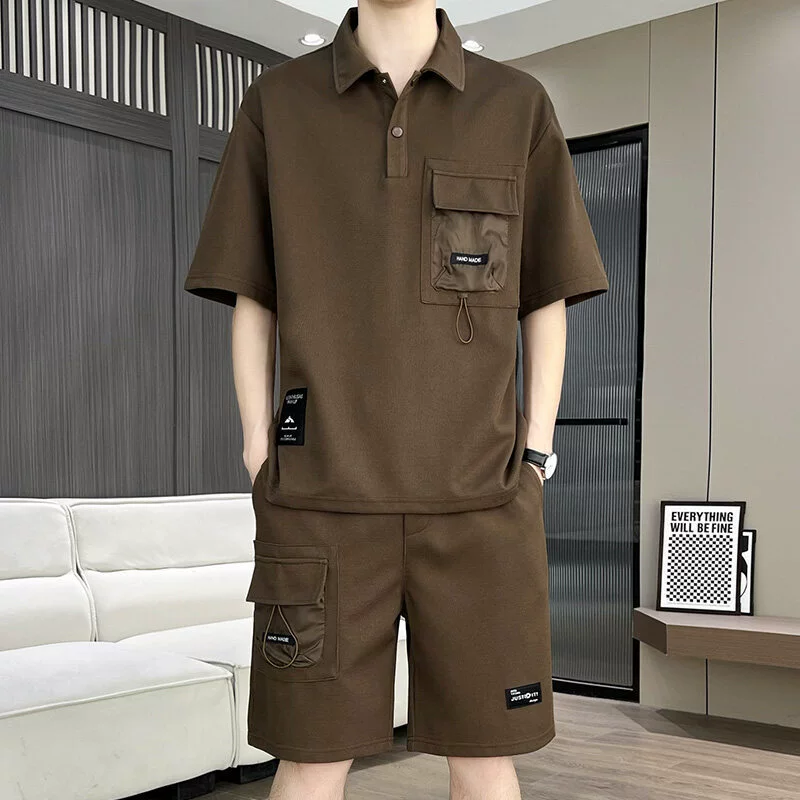 Мужской костюм в гонконгском стиле, тонкий, летний, свободный крой, модный, короткий рукав, комплект из двух предметов, новинка 2025 года