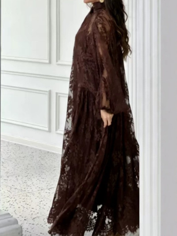 Elegant Deep Brown Maxi Dress With Lace Panels And Defined Waist | Flowy A-Line Skirt For Special Occasions_ecoleips.com