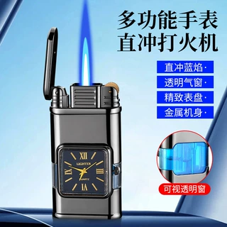 HF633石英表盘直冲蓝焰充气防风打火机透明气窗高端礼品打火机