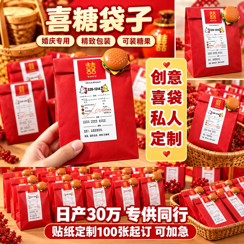 Wholesale Wedding Candy Boxes, Xiaohongshu-Style Candy Bags, Red Kraft Paper Packaging, Gift Bags with Stickers, Customizable