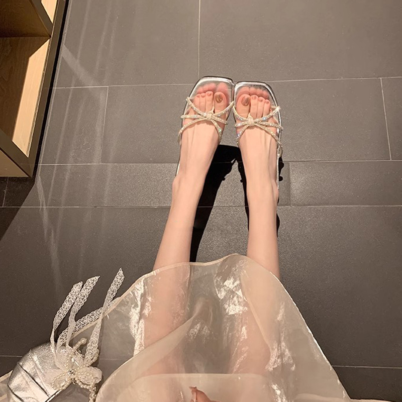 Su Yinyin verano nuevo Moonlight Wonderland ~ Chancla de correa fina de diamantes de imitación, chanclas planas, sandalias femeninas, verano