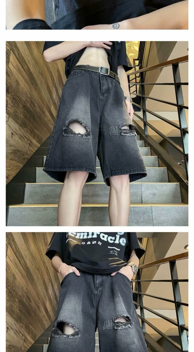Men's Clothing Men's Trendy Casual Ripped Wide Leg Capri Pants High Street Washed Distressed Denim Shorts Summer Style_viptrois.com