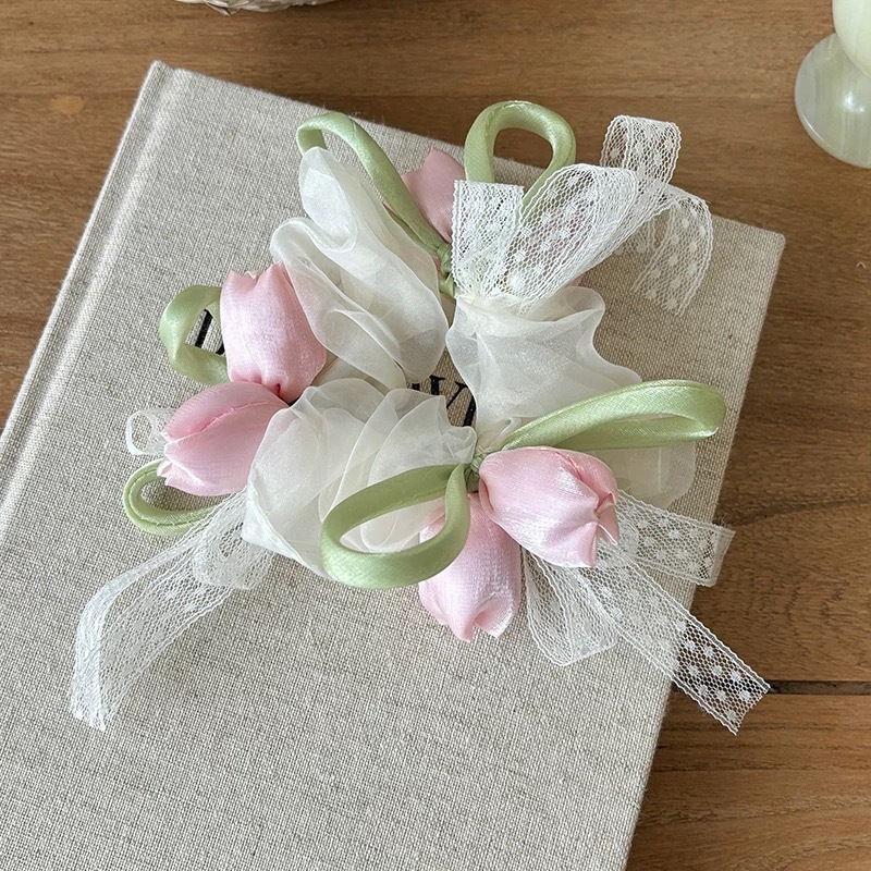 57# pink tulip lace bow hair tie