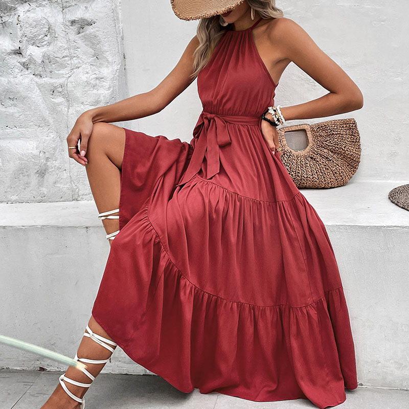 Women's backless collar solid color dress women's long._voghion.com