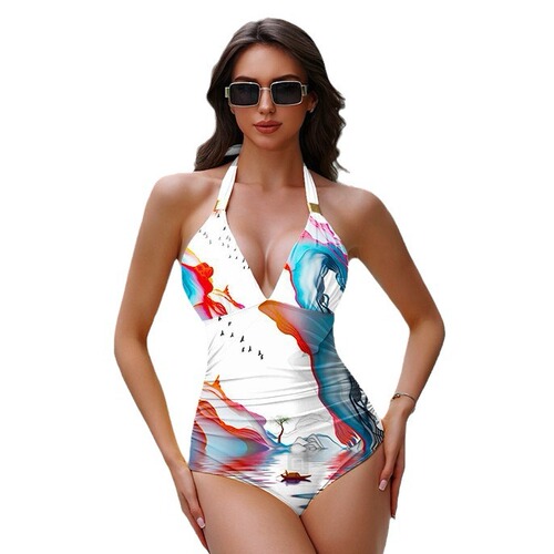 European and American Style Deep V-Neck Backless Women's Swimsuit, Sexy One-Piece Belly-Covering Slimming Style