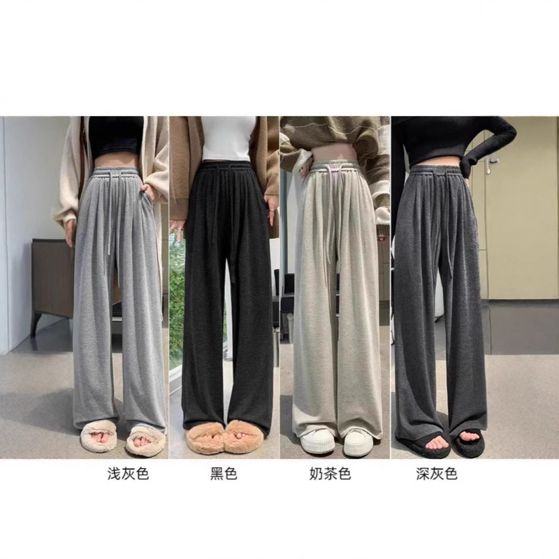 2024 Casual Versatile Vertical Striped Drawstring Straight Wide-Leg Autumn and Winter Fleece-Lined Pocketless Lazy Pants 2024 Casual Versatile Vertical Striped Drawstring Straight Wide-Leg Autumn and Winter Fleece-Lined Pocketless Lazy Pants