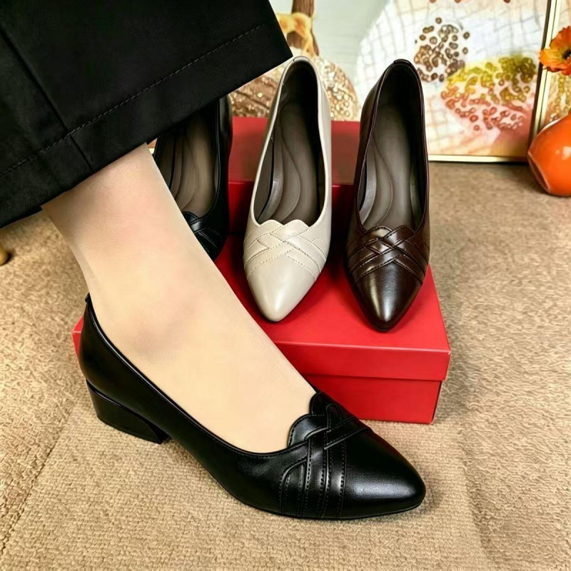 Foreign Trade Cross-Border Spring and Autumn New Versatile Comfortable Soft Leather Soft-Soled Commuter Women's High-Heeled Shoes Professional Formal Low-Top Shoes