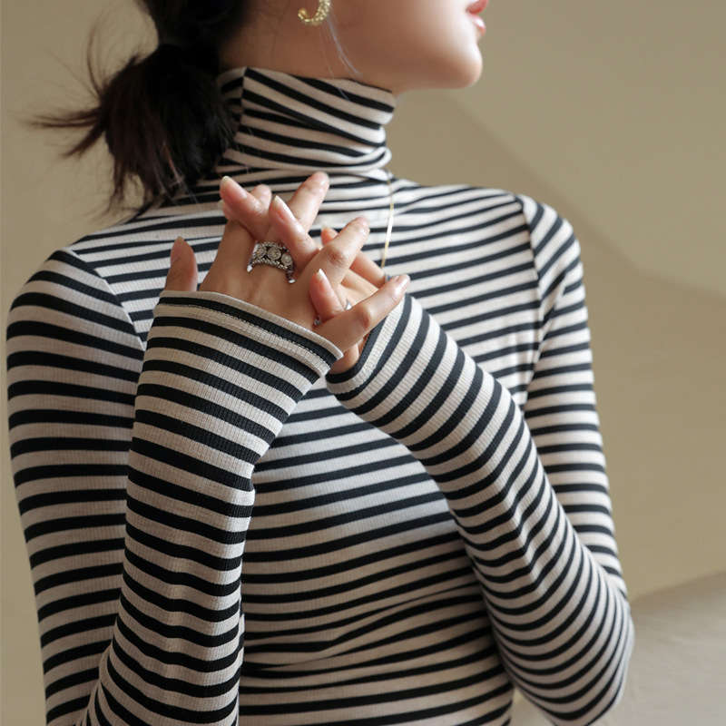 Q New Knitted Thickeneded Threaded Cotton Stripesd Turtleneck Bottoming Shirt for Women in Autumn and Winter Slim Fit Inner Long Sleeves and Tight Fit