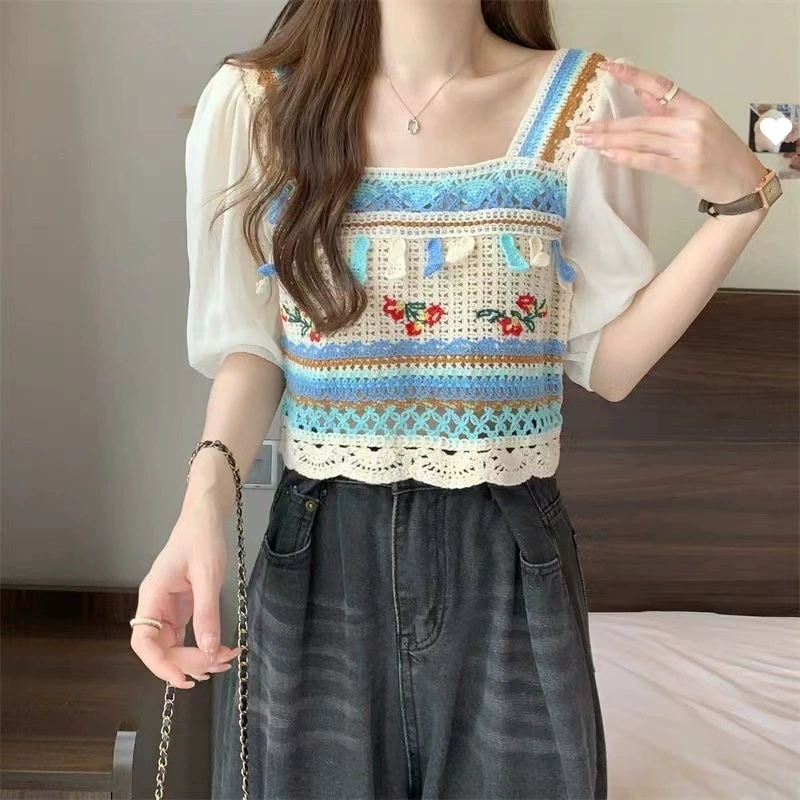 Вязаный свитер в богемном этническом стиле для женщин, летний квадратный вырез, пышные рукава, короткий узор крючком, миниатюрный топ с вырезами в стиле пэчворк.