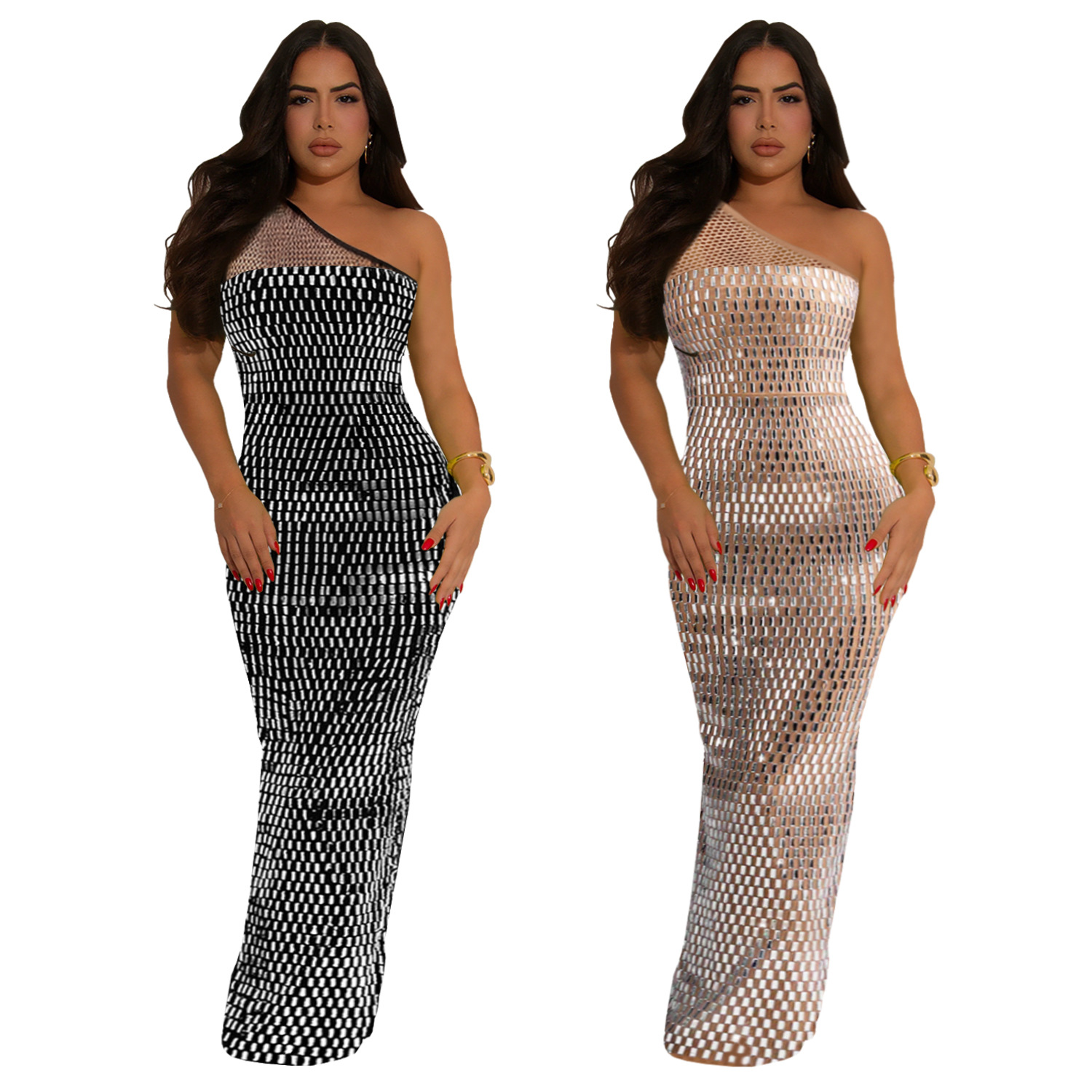 C7422 Cross-border AliExpress Amazon Ropa de mujer de moda europea y americana Vestido sin mangas con hombros inclinados de diamantes calientes de malla sexy image 6