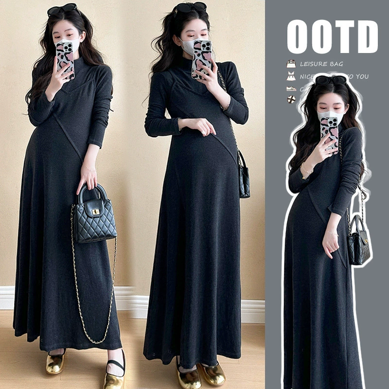 Осеннее платье для беременных 2024 осень новое легкое роскошное поддельное два мода иностранный стиль французский продвинутый смысл по беременности и родам трикотажное платье