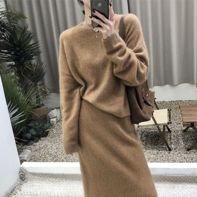 高级感慵懒针织套装裙女2025秋冬新款温柔风时尚毛衣半身裙两件套|undefined