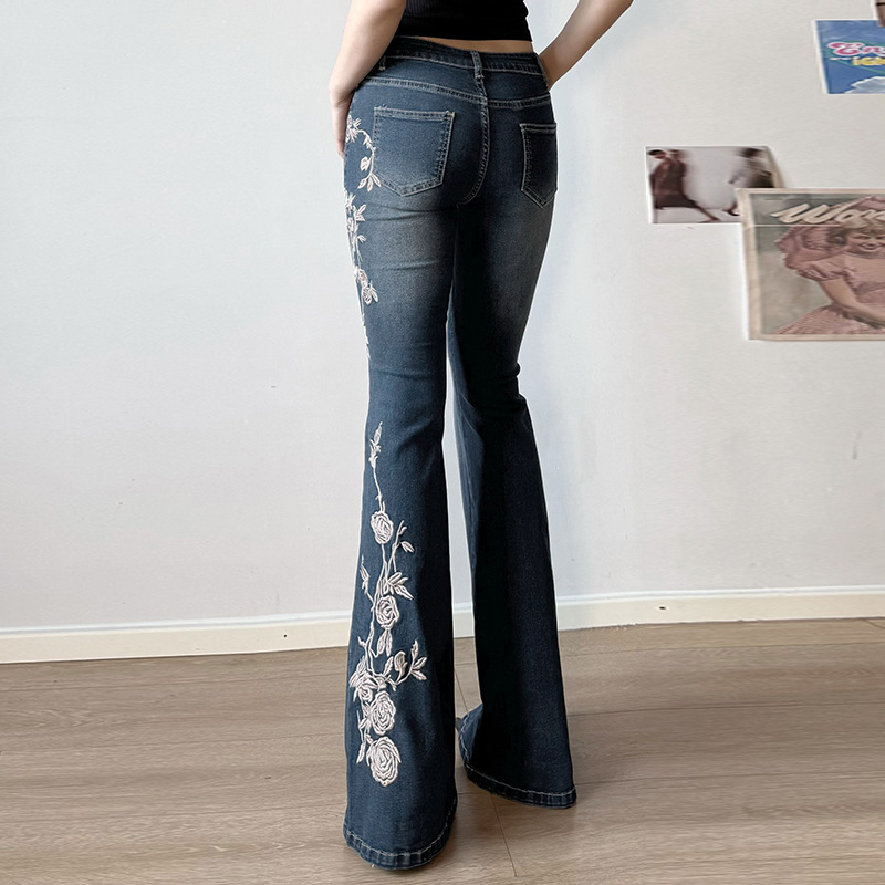 Rose Embroidery Retro Gradual Change Niche Slightly Spicy Jeans American Hot Girl Street Low Waist Thin Personality Trousers_ecoleips.com