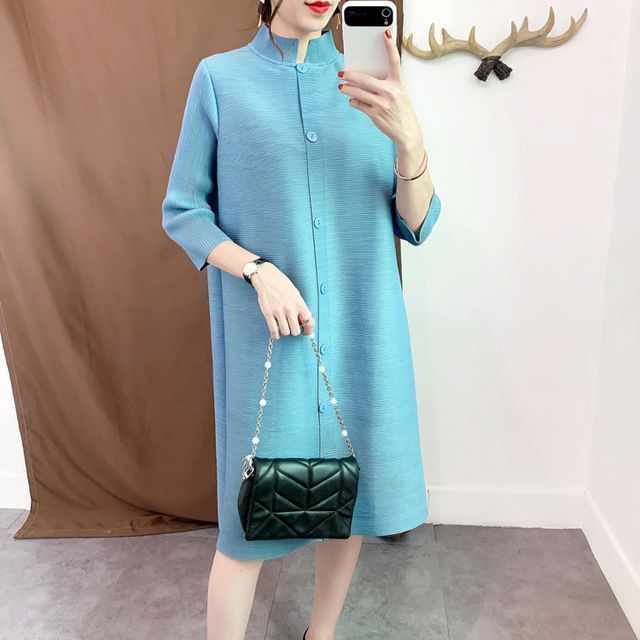 三宅褶皱单排扣风衣中长款2025春秋立领气质外套七分袖百搭开衫|undefined