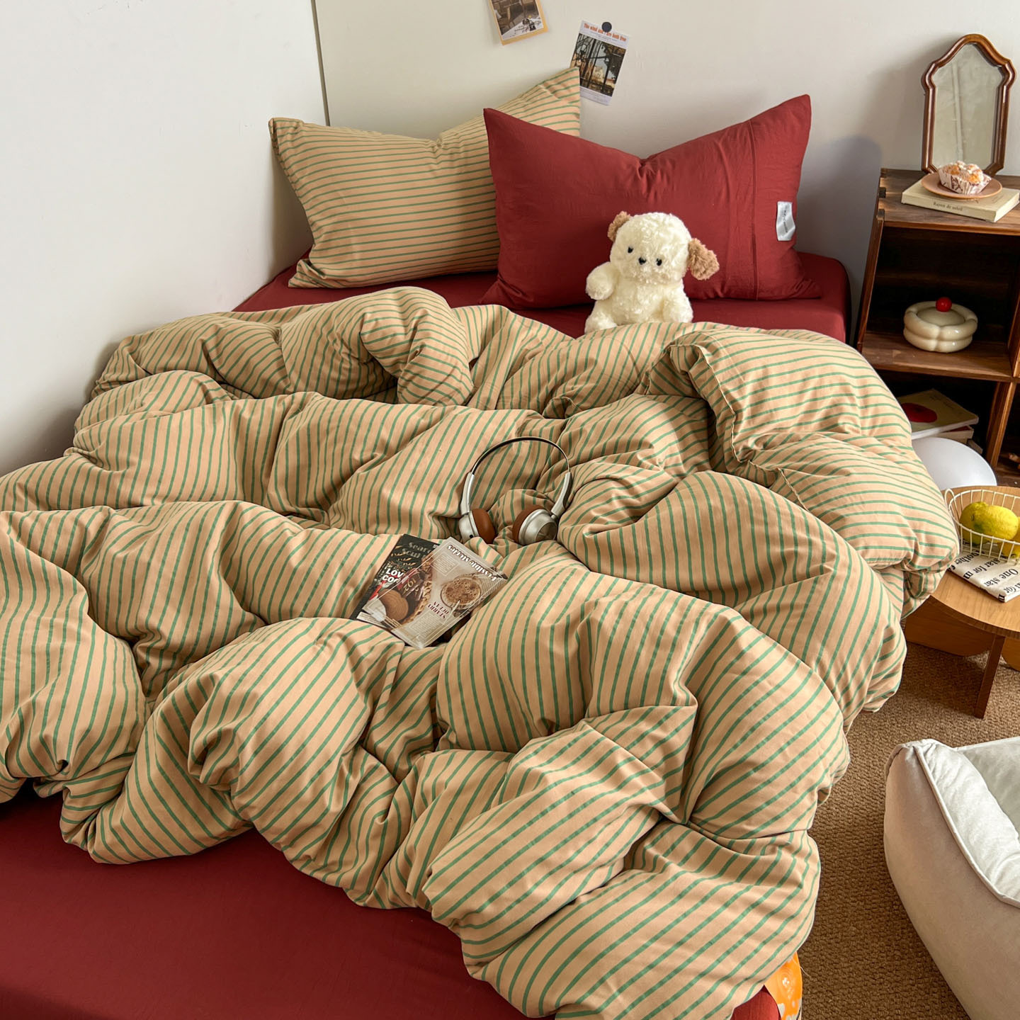 Nordic French Minimalist Retro Simple Pure Washed Bedding Four-Piece Full Cotton Nordic Striped Duvet Cover Yarn-Dyed Single Bed Three-Piece Set_voghion.com