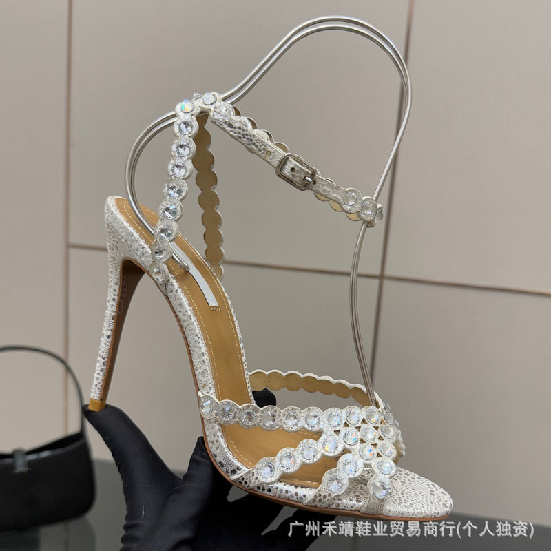 女性のためのファッショナブルな本革サンダル 2025 夏の新しいスタイルのラインストーンオープントゥ気質ファッショナブルなスティレットハイヒール多用途ヨーロッパとアメリカ|undefined