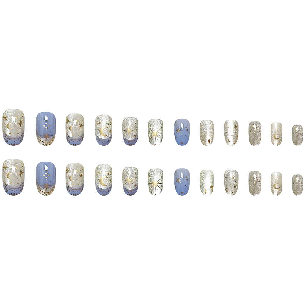 Uñas Postizas de Moda con Diseño de Estrellas y Luna, Efecto Ojo de Gato Azul y Plateado, 24 Piezas de Uñas Postizas Cortas de Alta Gama
