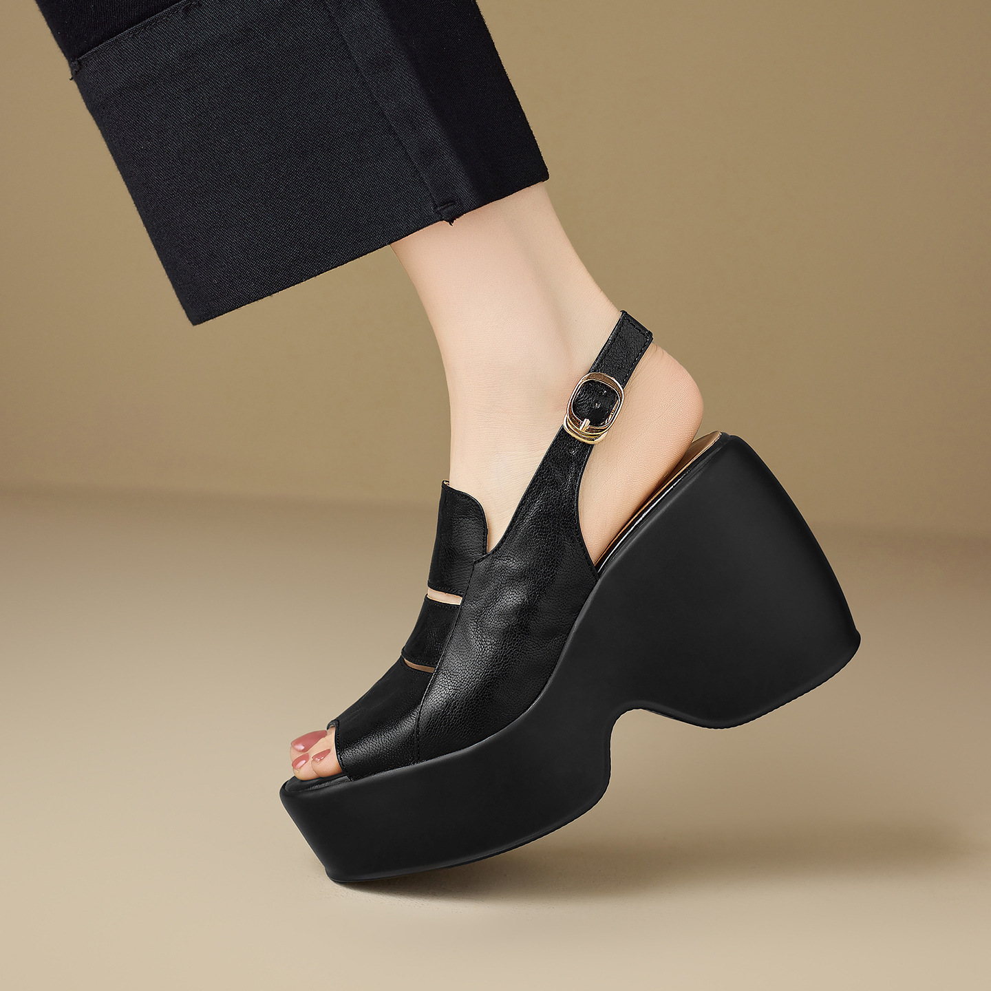 Sandal cao gót nữ đế xuồng mũi hở da cừu — màu đen, màu trắng ngà