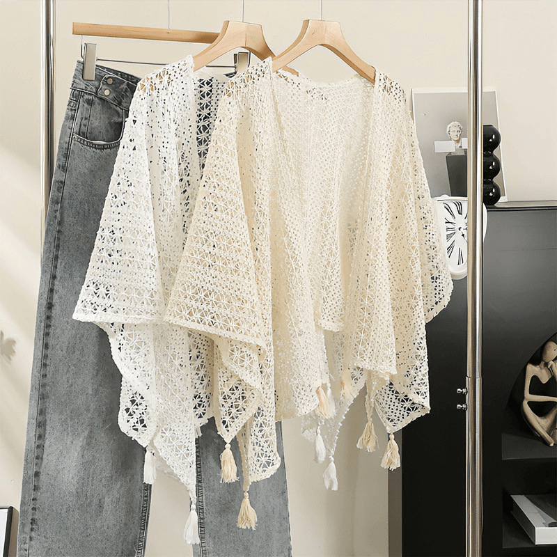 retro ethnic vacation style knitted tassel cardigan women‘s thin spring and autumn small shawl with skirt outer wear decorative shawl