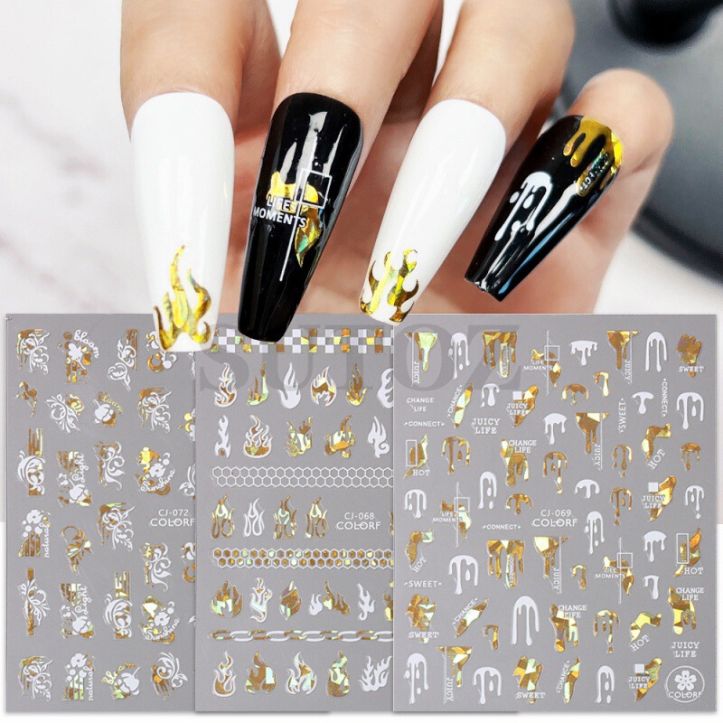 2022 cross-border new 3D adhesive nail stickers ins laser abstract lines face flame Jackal nail stickers