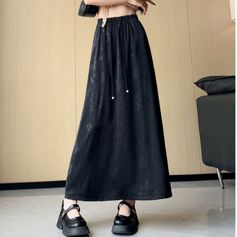 プラスサイズの女性の夏の新しい中国風のジャカードサテンスカート女性のための A ラインハイエンド痩身ロングスカートトレンディ|undefined