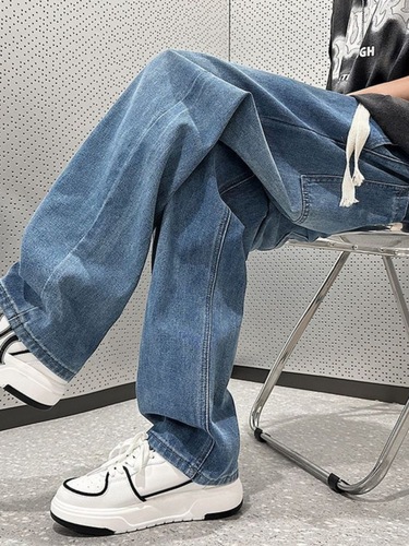 Champion men's jeans 2025 spring loose straight-leg adjustable waist pants American street style casual pants