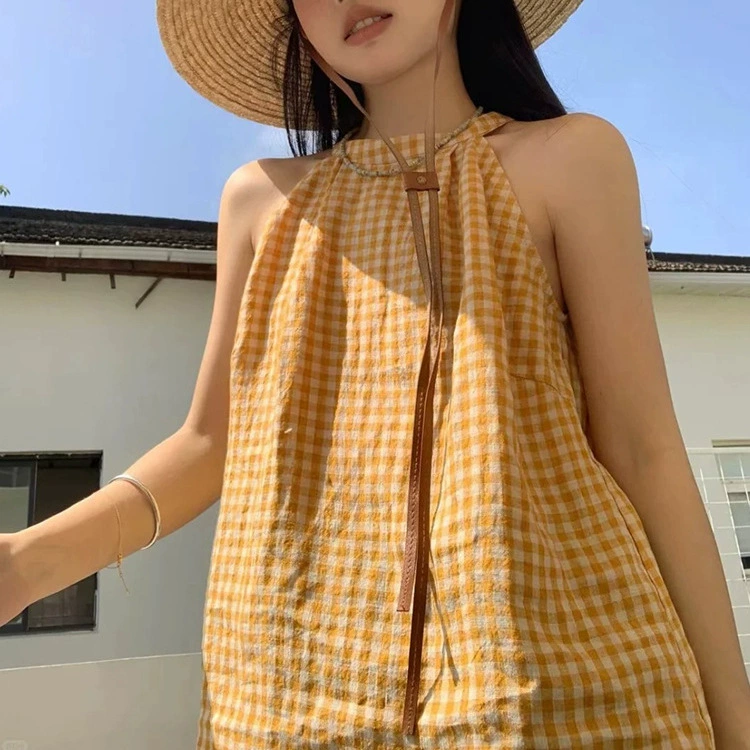 Жилет в клетку с камзолом женский летний новый дизайн чувство нишевая мода темперамент рубашка с открытыми плечами без рукавов