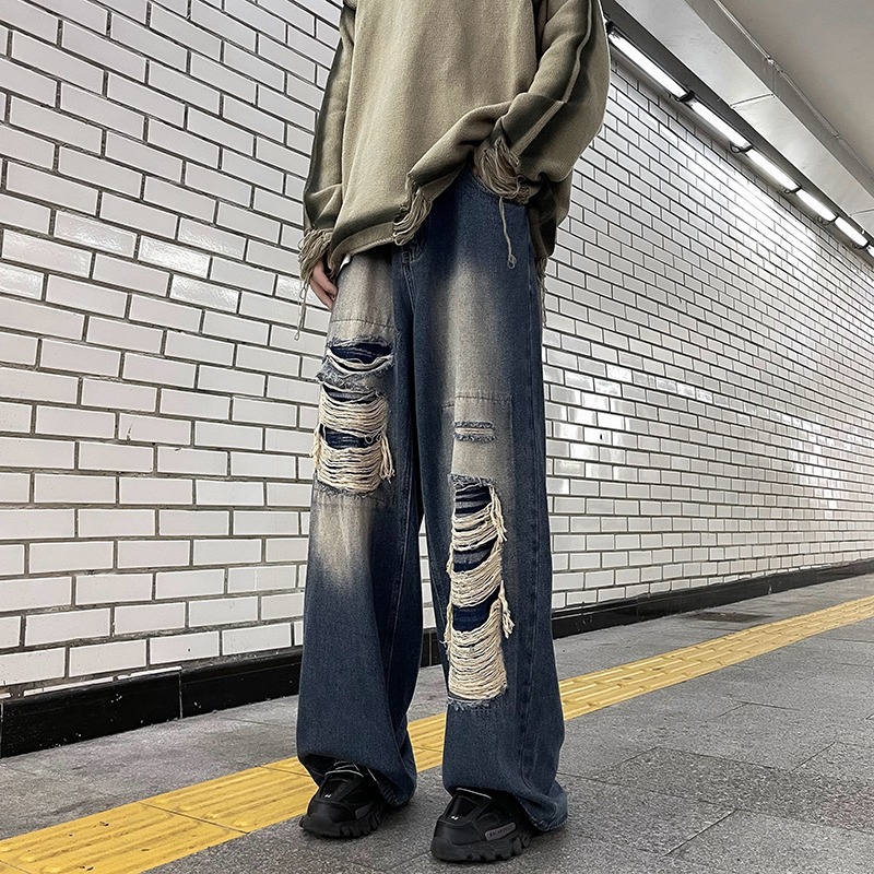 Spring And Autumn Distressed Jeans For Men, Casual Trendy Brand, Cool Washed High Street American Style Versatile Pants_mkmklike.com