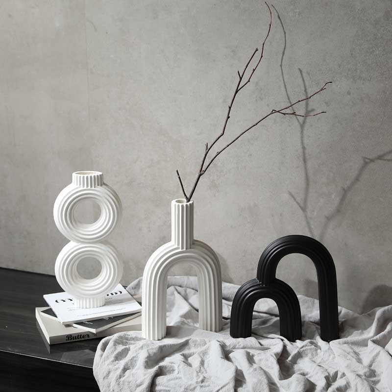 Creative Simple Black and White Ceramic Vase Flower Arrangement Style Decorative Ornaments Geometric Stripe Art Flower Vessel