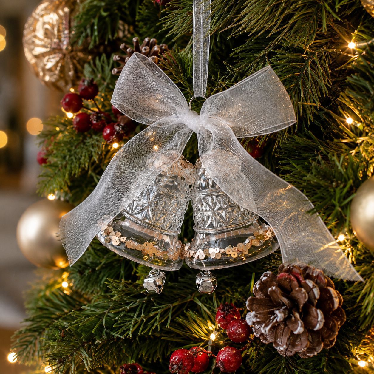 Christmas decorations, transparent bell pendants, Christmas tree ornaments, holiday door handle decorations, bow pendants, cross-border
