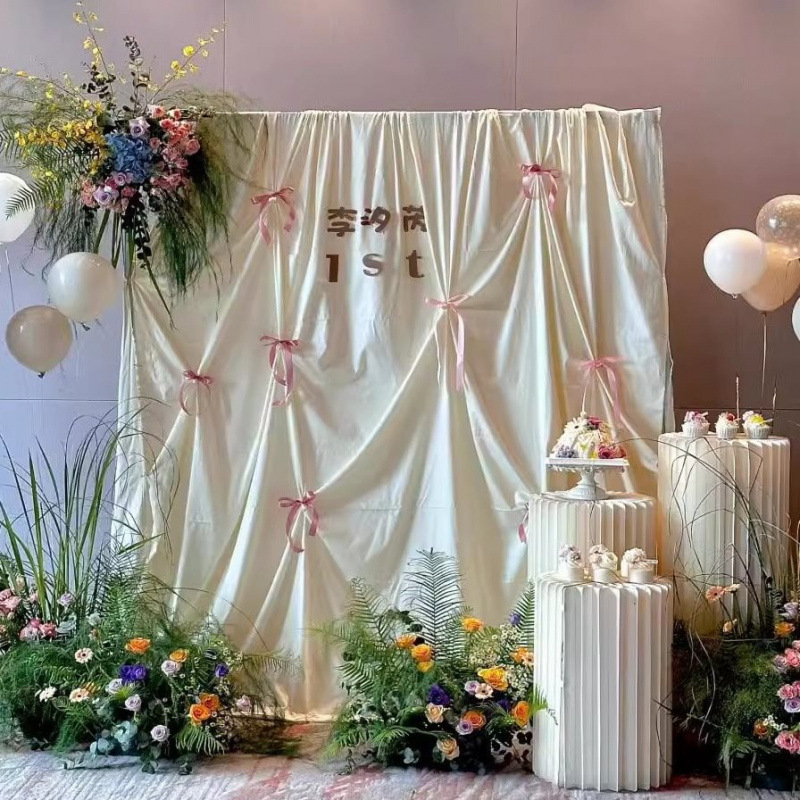 Bow Pleated Background Cloth Off-White Champagne Color First-Year Banquet Party Photography Photo Props Birthday Arrangement Engagement
