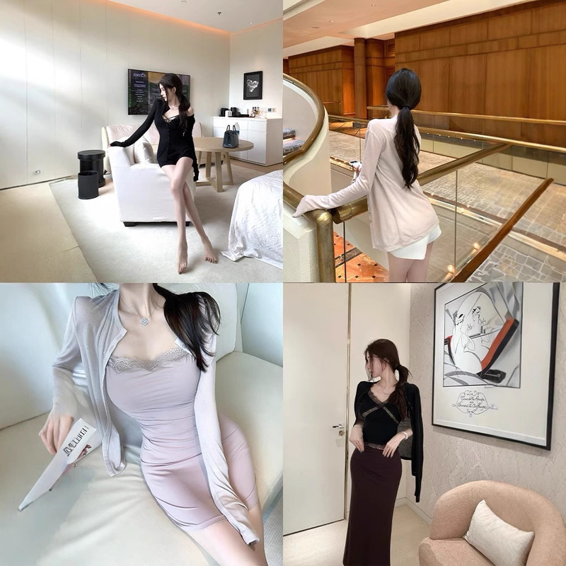 Han Yujia ミニマリスト列感黒ラウンドネック長袖セーターレディースルーズスリムカーディガンジャケット|undefined