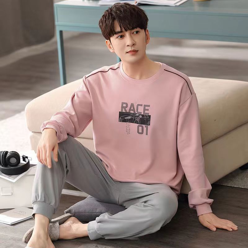 남성용 고급 면 잠옷, 긴팔, 봄, 가을, 청소년, 중년, 대형, 헐렁하고 착용 가능한 면 남성용 가정복