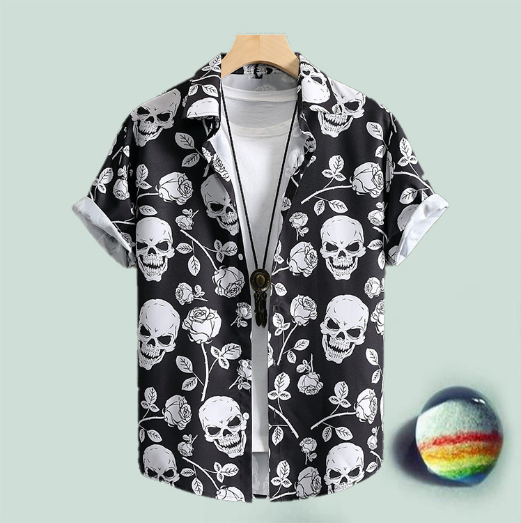 Cross-border European and American men's new shirt black and white rose skull 3D digital printing short sleeve casual shirt