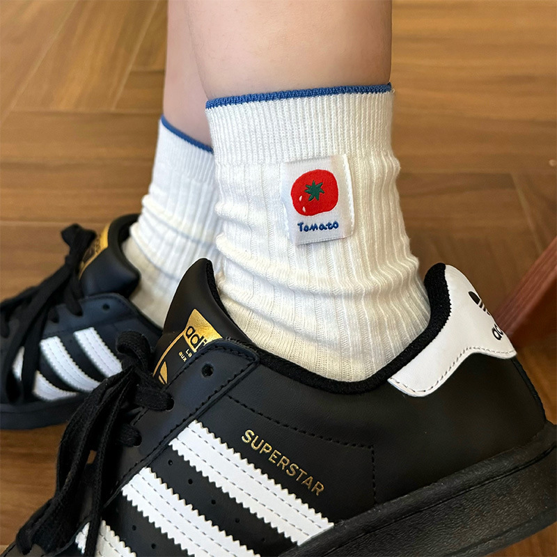 White Socks for Women, Spring and Autumn, Trendy Ins Style, Pure Cotton Mid-Calf Socks, Cute Japanese Pattern Long Socks, Slouch Socks, Thin Autumn Style