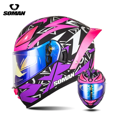 Motosiklet kaskı (dəbilqə): Motorcycle Helmets for Men, F2 - black-purple-and-pink-spider-with-transparent-revo-blue-s