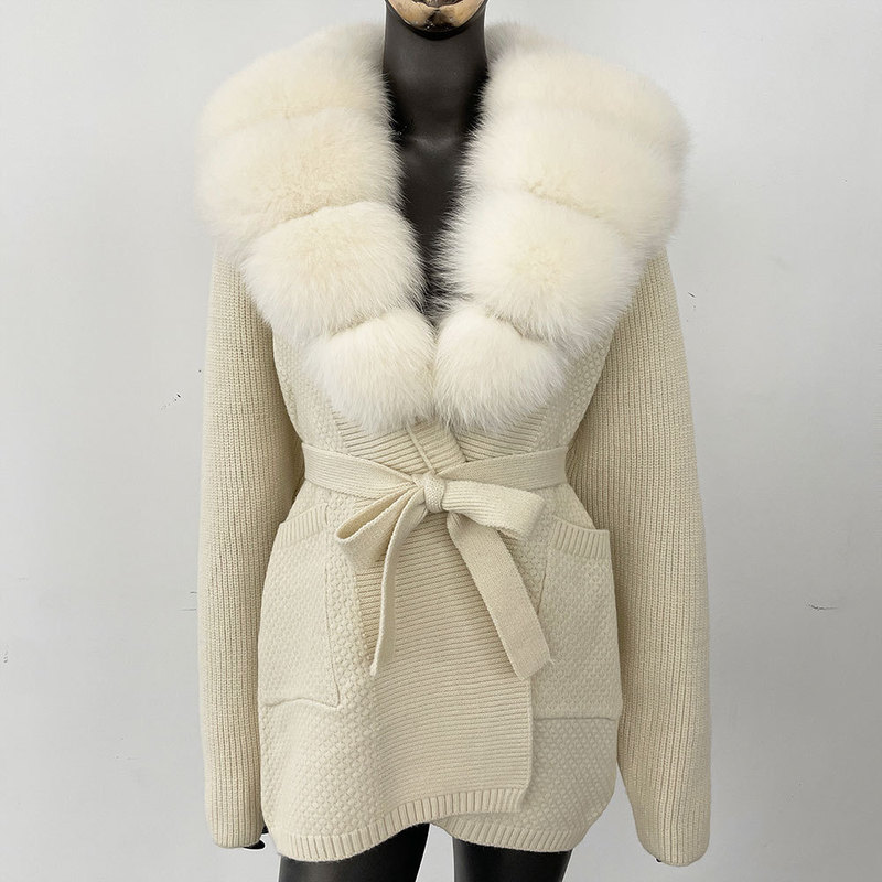 Fashion Slim Mid-Length Knitted Jacket 25 Spring & Fall New Oversized Real Fox Fur Collar Knitted Cardigan Sweater for Women Fashion Slim Mid-Length Knitted Jacket 25 Spring & Fall New Oversized Real Fox Fur Collar Knitted Cardigan Sweater for Women